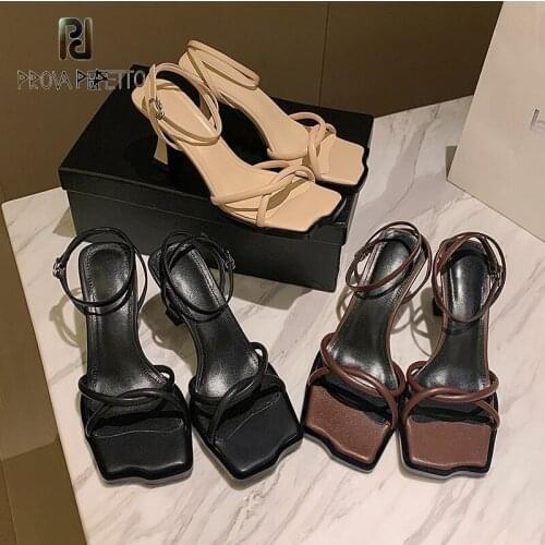 Summer trendy open toe stiletto French sandals female retro thin strap square toe cross straps Roman style high heel sandals