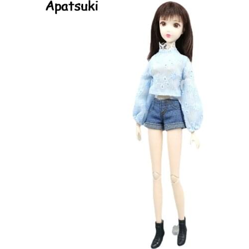 Fashion Doll Clothes Set For Barbie Outfits Accessories Blue Puff Sleeve Tops Leather Skirt Denim Shorts For Blythe Dolls Toys