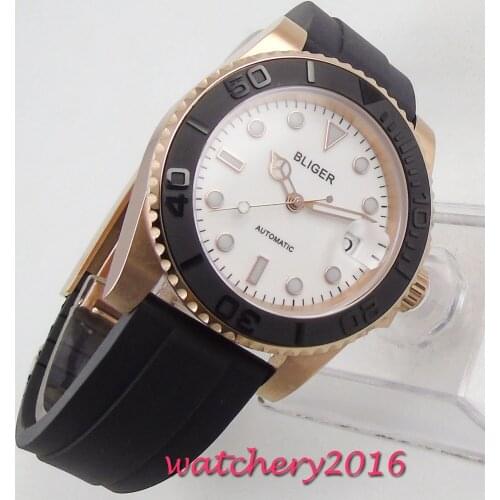 New Arrival 40mm Bliger White dial Sapphire Glass luminous Rose Golden case Rubber strap Automatic movement Mens business Watch