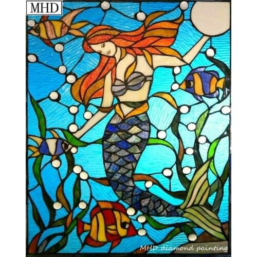Mermaid Stained Glass Pattern 5d Diy Diamond Painting Cartoon Mosaic Home Decorating Round Round / Square Embroidery Art Kit