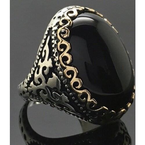 Natural Black Chalcedony Hand Carved Goose Egg Ring Fashion Personality Jewelry Men and Womens 925 Silver Agate Ring