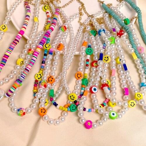 2021 New Colorful Smiley Pearl Beaded Necklace For Women Rainbow Clay Bead Evil Eye Choker Baroque Pearl Necklace Boho Jewelry
