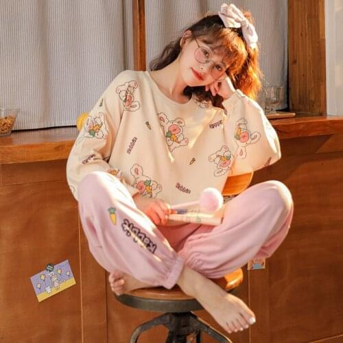 Autumn and Winter Girl Pajamas Solid Color Cartoon Knitted Cotton Long-Sleeved Pullover round Neck Homewear Suit