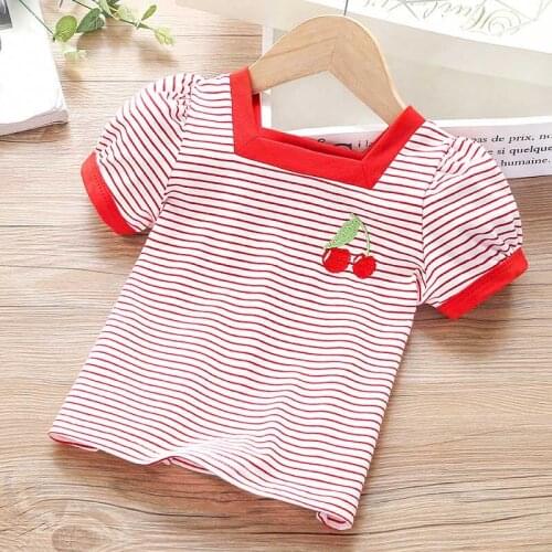 2-6 Years Summer Children Girl T-Shirt Cotton Red Striped Cherry Embroidery Square Collar Kids Girl Tops Clothes
