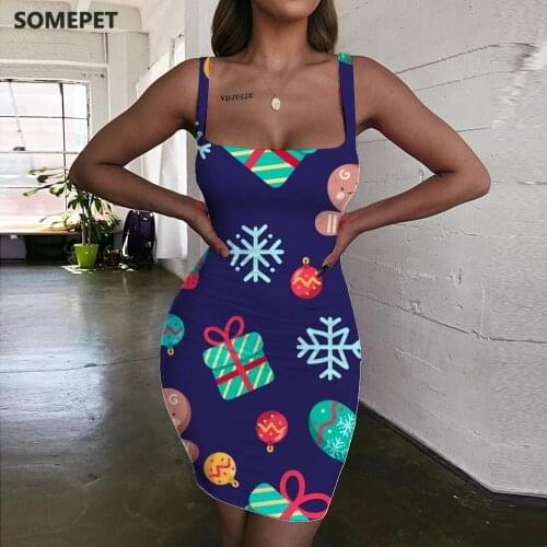 SOMEPET Christmas Dress Women Snowflake 3d Print Trees Bodycon Dress Painting Halter Sleeveless Womens Clothing Club Short Beach