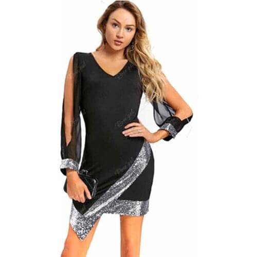V Neck Off Shoulder Transparent Dresses Sexy Party Dress Women Summer Fashion Sequined Midi Dress