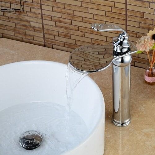 Vidric Waterfall Sink Tall Faucet Bathroom Vessel Sink Faucet Hot and Cold Water Copper Crane Mixer Deck Mounted Chrome Finished