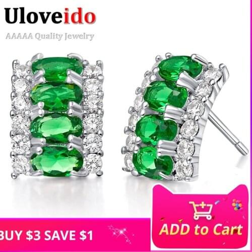 Cubic Zirconia Jewelry Green Crystal Earrings for Women New Vintage Silver Pink Blue Bijoux Brincos Red Earring Uloveido R784