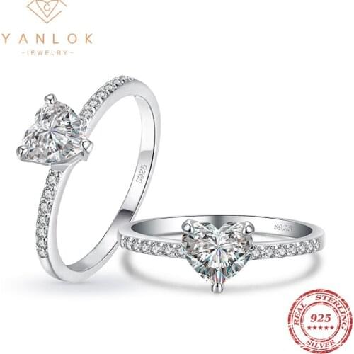 YANLOK Elegant Love Heart Clear Cubic Zirconia Finger Ring For Women 925 Sterling Silver Vintage Flower Wedding Band Jewelry