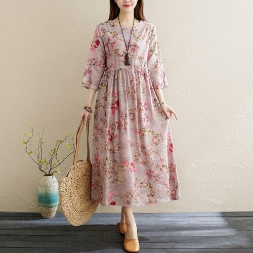 2021 New Arrival Spring Dress Print Floral Cotton Linen Prairie Chic Travel Casual Women Dress Slim Waist Office Lady Work Dress
