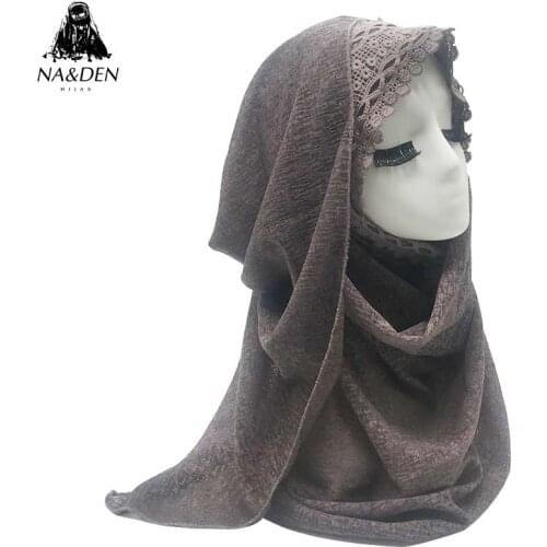 1PC Women Solid polyester scarf with lace scarves muslim hijab lady patchwork striped islamic bandana shawl Hot Sale 11Colors