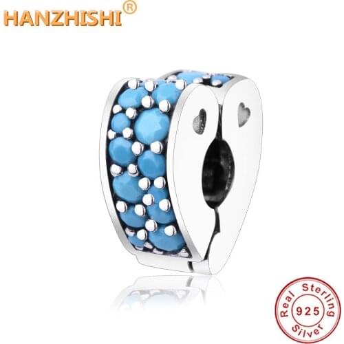 2018 Pave Blue CZ Heart Clip Charm Fit Original Pandora Charms Bracelet 925 Sterling Silver Arcs of Love Clip Beads DIY Jewelry