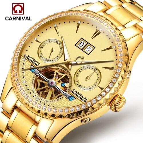 Carnival Brand Luxury Gold Watch Men Fashion Automatic Calendar Mechanical Waterproof Luminous Sapphire Clock Relogio Masculino