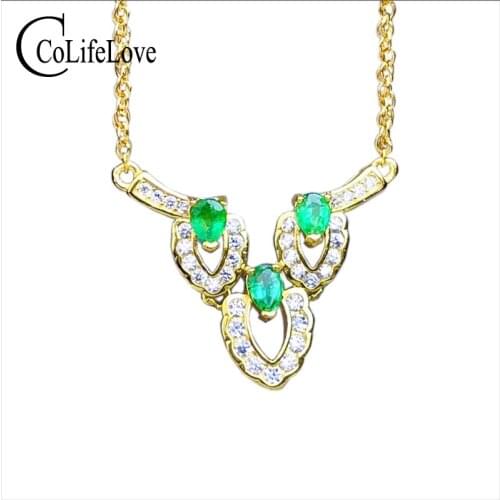 CoLife Jewelry 925 Silver Emerald Necklace for Party 3 Pieces Natural Emerald Silver Necklace Fashion 925 Silver Emerald Jewelry