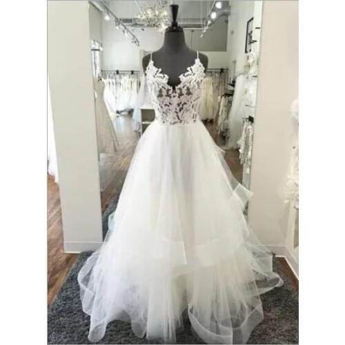 Illusion Boho Long Wedding Dresses 2021 Sexy V-Neck Charming Lace Appliques Vestido De Noiva Elastic Mesh Ruffles Bride Dress