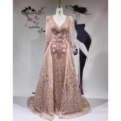 Dubai Muslim Pink Long Luxury Elegant Evening Dresses 2021 Crystal Mermaid Evening Gowns Plus Size HO1052