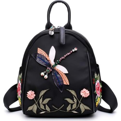 Women Embroidery Backpack Waterproof Nylon Shoulders Bag Dragonfly Pattern Travel Backpack