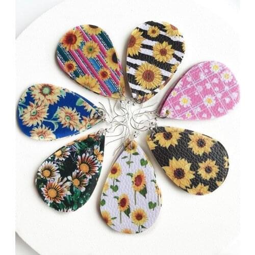 Faux Leather Flower Print Teardrop Dangle Handwork Women Earrings