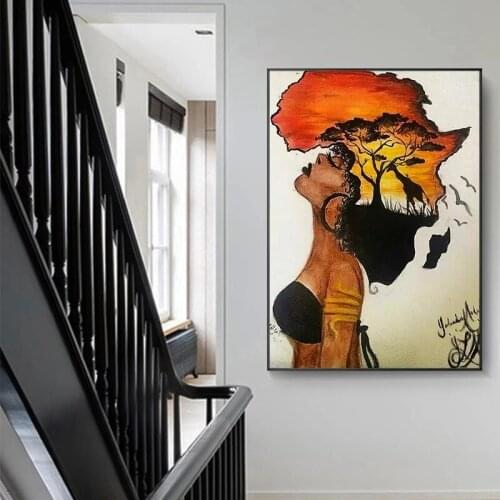 Classical African Woman canvas Paintings Abstract Africa Map Shape Head Posters and Prints Wall Art pictures Home Decor
