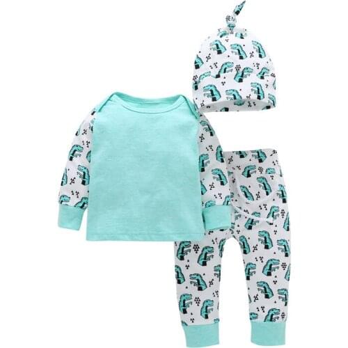3Pieces Infant Baby boy Dinosaur Sets 2020 Spring Fall Green Tops T-Shirt+CartoonPants+Hat New born Baby Girl Clothing Outfits