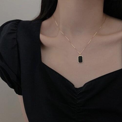 925 Sterling Silver Black Square Bead Charm Korean Necklace Creative Elegant Link Chain Wedding Jewelry For Women dz504