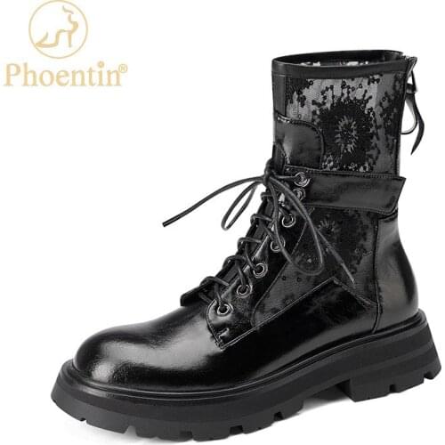 Phoentin 2021 Autumn Winter new short Martin boots womens Round toe mid heel Ankle boots Genunine leather black shoes FT1635