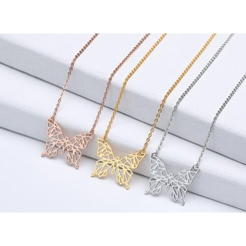 Cute Butterfly White Gold Pendant Necklace Female Hollow Necklace Dainty Silver Color Chain Necklaces For Women Collier Femme