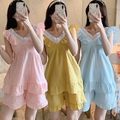 2020 Summer Sexy Sleeveless V-neck 100% Cotton Shorts Pajama Sets for Women Sleepwear Suit Pyjamas Homewear Pijama Mujer Clothes