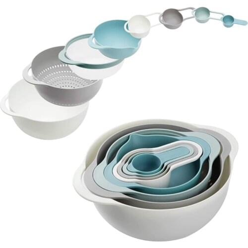 Plastic Multicolored Mixing Bowls Set of 8, Nest for Easy Storage, Measuring Cups, Colander, Sifter, Large Bowl Cooking Baking