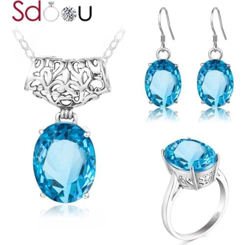 SDOOU Silver Jewelry Set For Women Blue Topaz Oval Gemstone Sterling Silver Ring Earring Pendant Set Handmade Fine Jewelry Gift