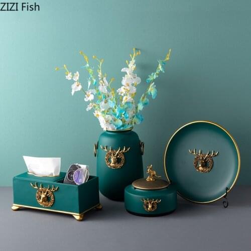 Modern Dark Green Deer Head Tissue Box Storage Box Candy Fruit Tray Flower Vase Resin Ceramic Exquisite Crafts Luxury Home Decor