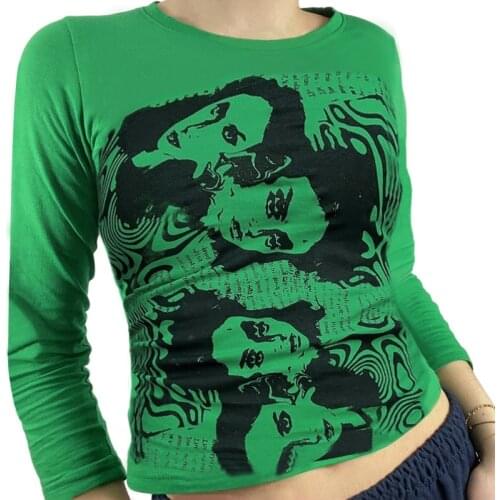 Harajuku Gothic Autumn T-shirt 90s Vintage Women Long Sleeve Y2K Crop Top E-girl Grunge Female Spring Tees Streetwear Clothes