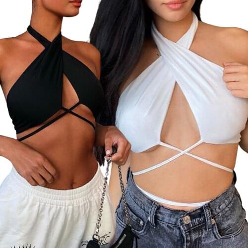 2021 New Women Casual Sexy Camisole, Solid Color Off-the-shoulder Sleeveless Tie Up Crop Tops, Black/ White