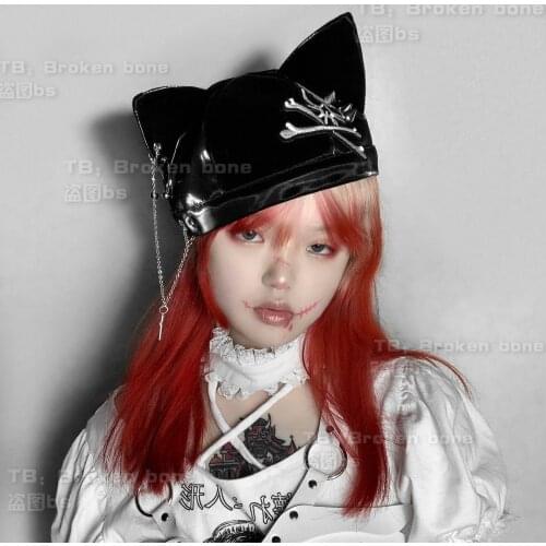 Ruibbit New Arrival Punk Japanese Harajuku Girls Cute Ear Hair Hat Plus Skeleton Cloth Chain Women Caps Chic Streetwear