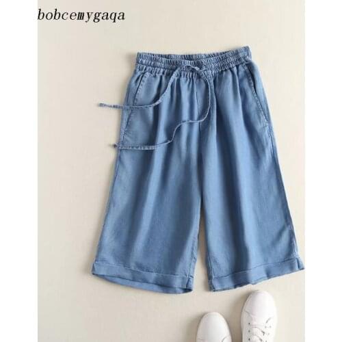 Lace up denim knee length pants women elastic waist light blue loose wide leg pants soft Jeans summer trousers pockets