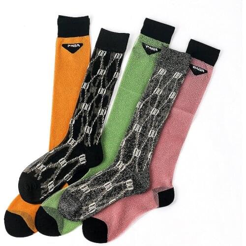 Womens Thin European Station Popular Logo Transparent Leg Socks Silver and Silver Bright Silk Middle Tube Fashion Show Socks