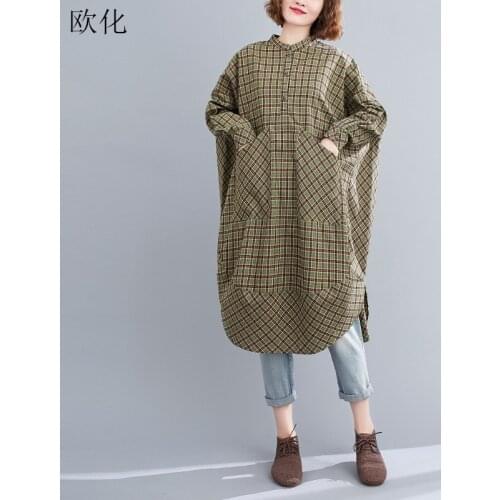 Plus Size Big Pocket Shirt Dress Women 2020 New Autumn Long Sleeve Cotton Linen Maxi Long Dress Vintage Loose Plaid Dresses 6XL