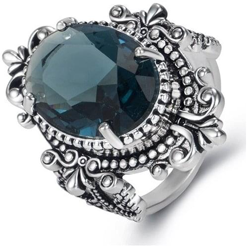 Oval-shaped sea blue tray stone ladies ring European and American retro 925 silver-plated Thai silver ring jewelry
