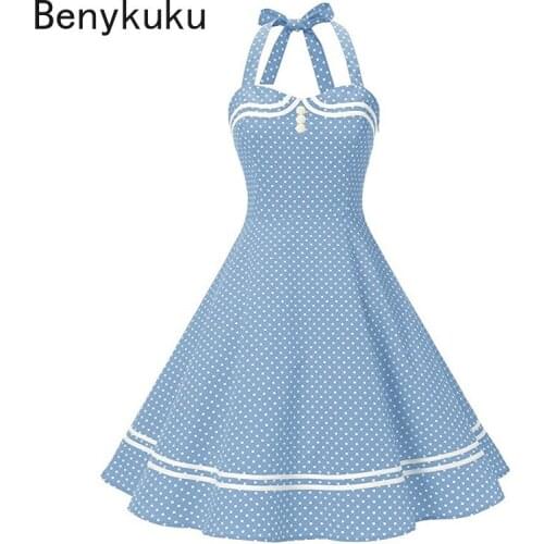 Vintage 50s 60s Big Swing Dress Sexy Halter Blue Polka Dot Robe Retro Pinup Rockabilly Party Dress Cotton Women Summer Vestidos