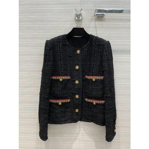 Luxury New 2021 Women Autumn High Quality Black Tweed Jacket Coat Ladies Fashion 100% Silk Lining Overcoat Tclai 7.19