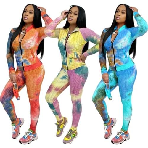Tie Dye Winter Tracksuit Women Sportwear 2 Pieces Sets Long Sleeve Zipper Up Top and Long Skinny Pants Waffle Pattern Clothes