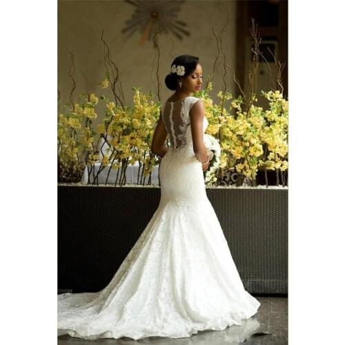 2019 Garden Wedding Dresses Mermaid Illusion Neckline Bridal Gowns Nigerian Lace Covered Button Back Long African/Aso Ebi Weddin