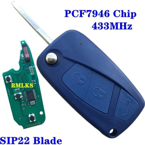 3 Button Flip Remote Control Car Key Fob 433mhz PCF7946 Blue Color for For Fiat 500 Fiorino Qubo Panda Idea Punto Stilo Ducato