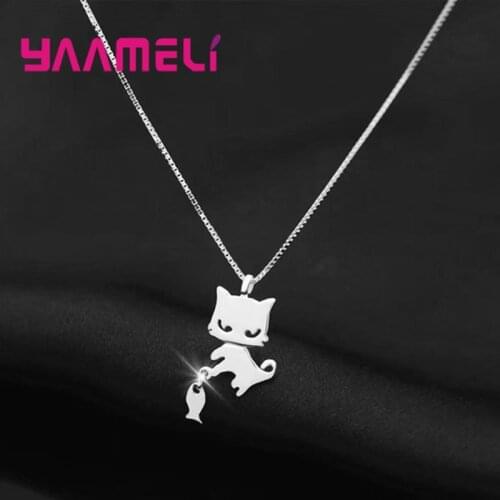 Charmming Necklaces for Woman Girl Child Gift 925 Sterling Silver Cat and Fish Pendant+Box Chain New Trend Fashion Jewelry