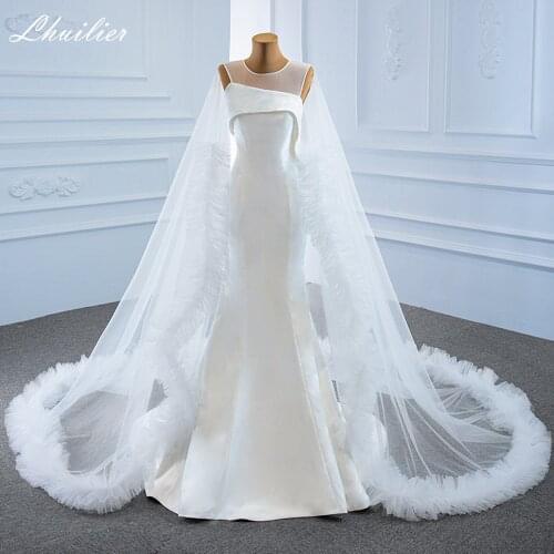 Lhuilier Elegant Womens Mermaid Satin Wedding Dresses 2021 Real Photos Sleeveless Floor Length Bridal Dress with Cape