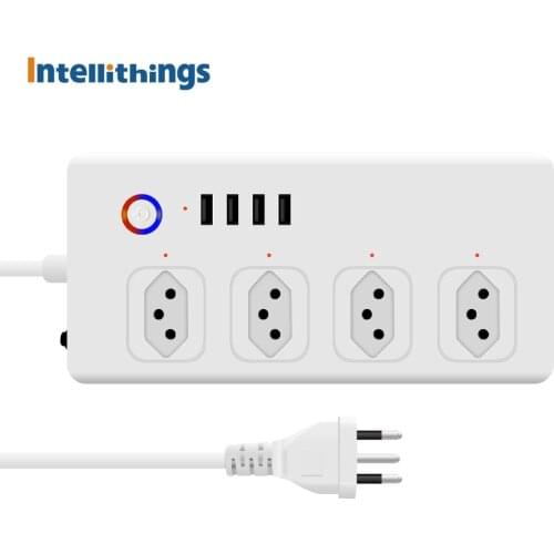 Intellithings Brasil Smart WiFi Tuya Energia Tomadas Plug 4 Individuais Disjuntores 10A Plugue 4 Tomada Carregador 2.1A USB Plug