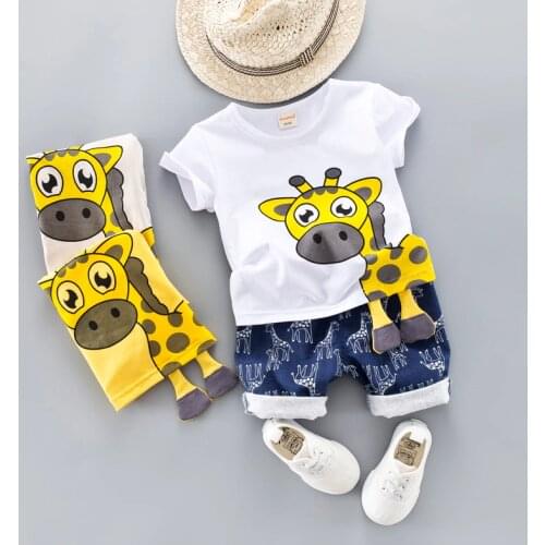 Summer Kids Baby Clothes Set For Boys 0-4 Years CLOTH Cut Cartoon Animal Infant Clothing Suit Giraffe Top T-shirt Toddler Outfit