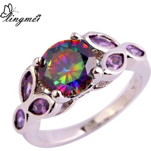 Lingmei Cocktail Wedding Fashion Bride Rainbow & Pink & Purple Zircon Silver Color Ring Size 6-9 10 11 Vintage Jewelry s