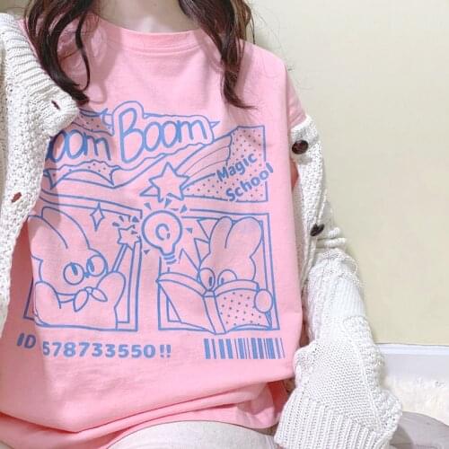 Sweet Girls Cute Rabbit Cartoon Tops Japanese Streetwear Harajuku Pink Kawaii Casual Vintage Chic Summer Women JK School T-shirt