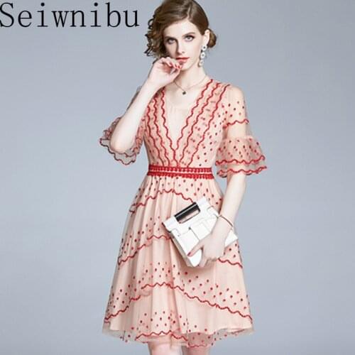 Fashion Designer Runway Dress Spring Summer Women Flare Sleeve V-Neck Mesh Floral Embroidered Elegant Party Dresses